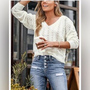 CUPSHE Cardigan Sweater Womens XS Cream Crochet V-Neck White Ribbed Trim